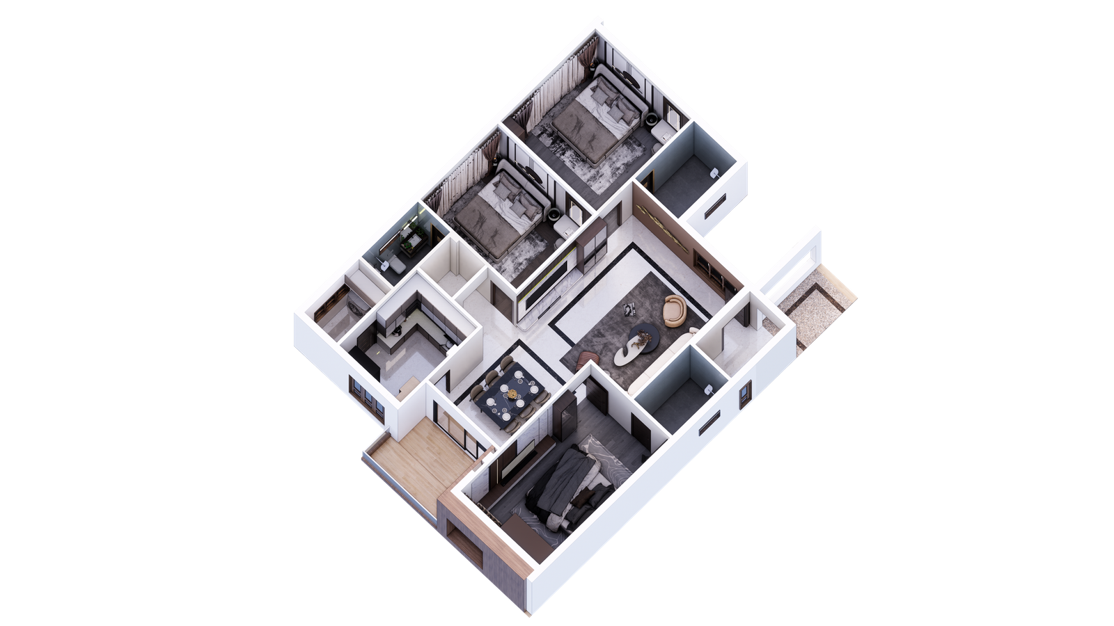 Adhithyaa Aarna 3 BHK flat layout, axonometric view